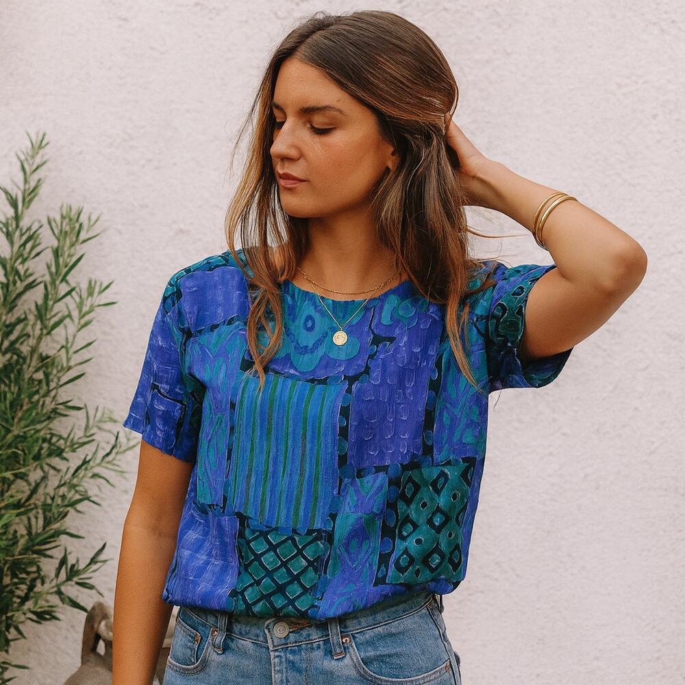 Vintage 90s Risa Blue Green Abstract Rayon Boho Indie Short Sleeve Blouse S